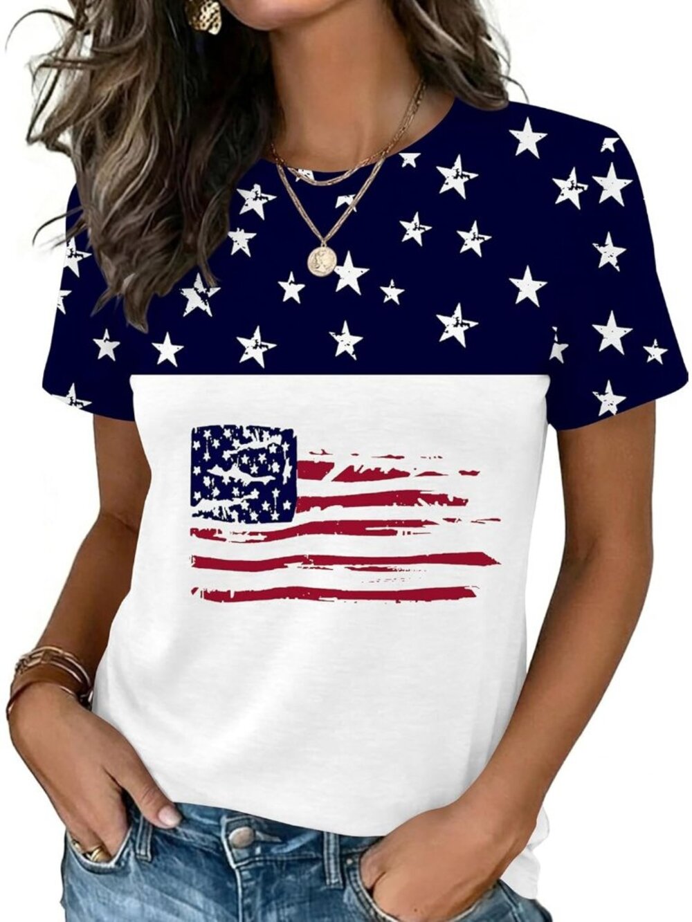 Women's Flag White Blue Short Sleeve Crew Neck Casual Basic Imported Tee Shirts